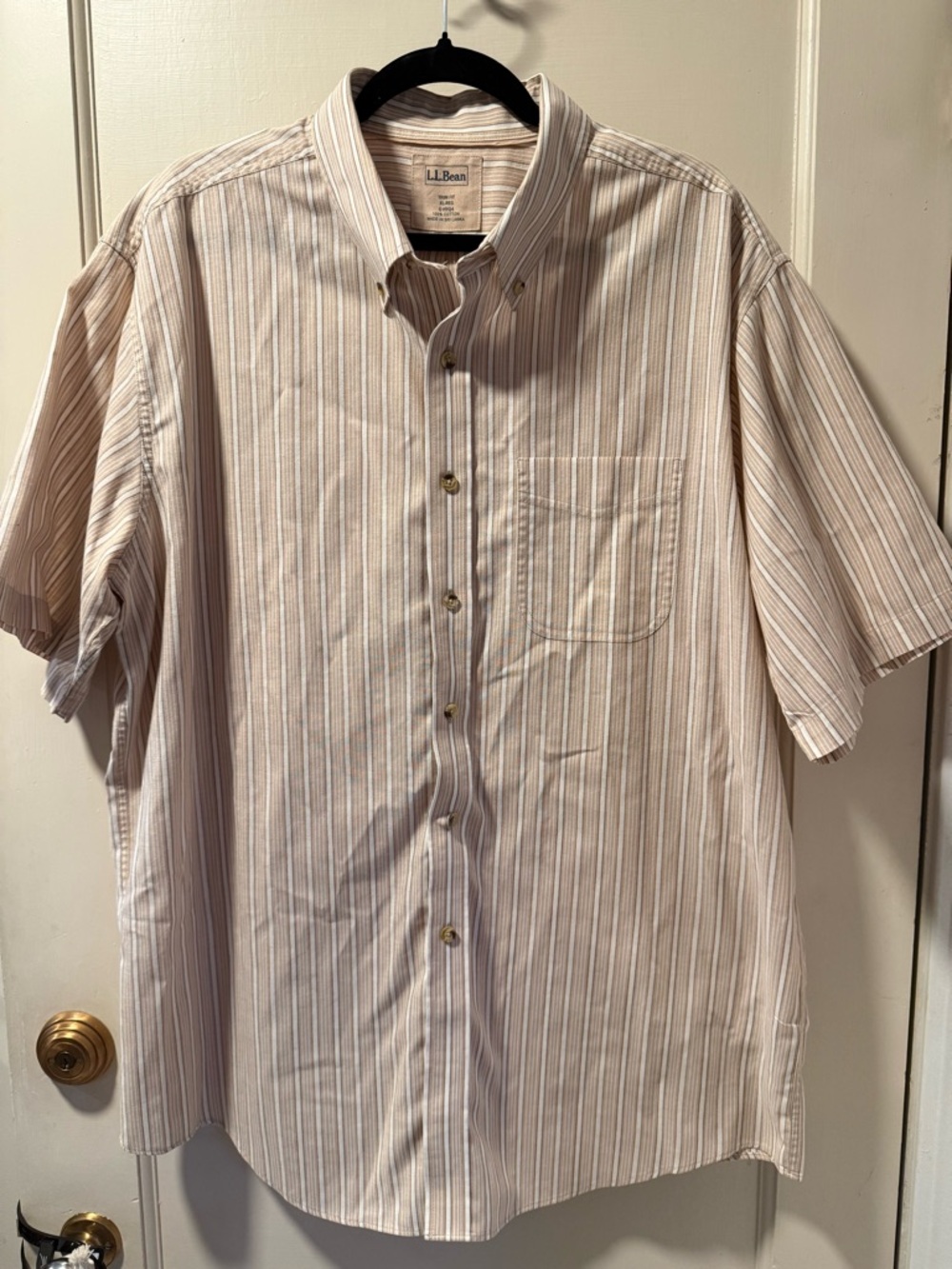 L.L. Bean Men's Short-Sleeve Button-Down Stripe Shirt in Cream and Blue